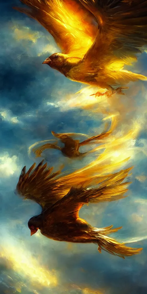 Image similar to a painting of a golden bird flying through the sky, poster art by raymond swanland, deviantart, fantasy art, christian, deviantart, mystical