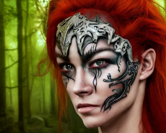 Prompt: 5 5 mm portrait photo of an armored redhead woman warrior with a face tattoo and horns growing from her head, in a magical forest. by luis royo. highly detailed 8 k. intricate. lifelike. soft light. nikon d 8 5 0. cinematic post - processing