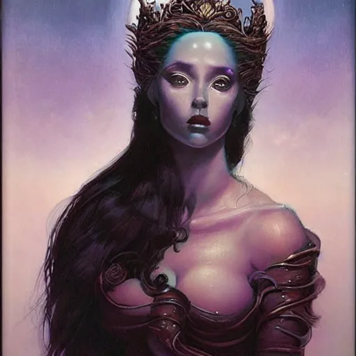 Image similar to portrait of princess of the dreamlands and moon beast, beautiful! coherent! by brom, deep colors, strong lines, high contrast