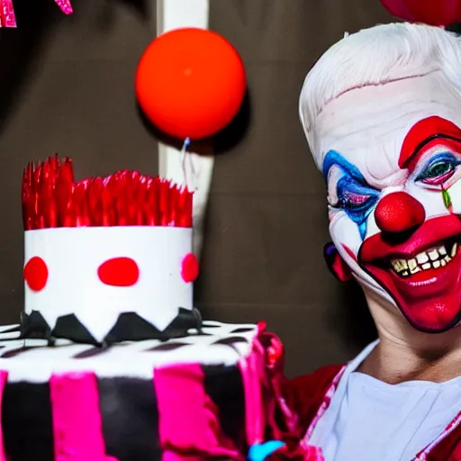 Image similar to photo of an evil clown holding a birthday cake