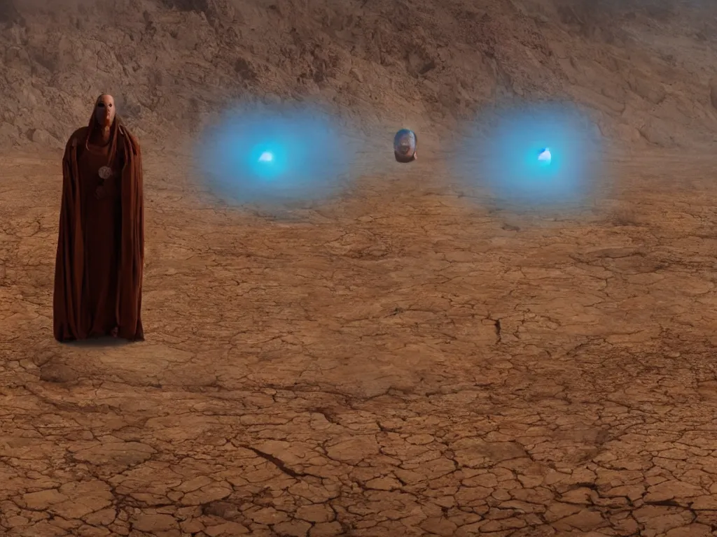 Prompt: levitating glowing bene gesserit with full - face golden mask and glowing eyes in a dry rocky desert landscape, sunny atmosphere, fata morgana giant mirrors, giant alien spaceship in the sky by alejandro jodorowsky, anamorphic lens, kodakchrome, cinematic composition, practical effects, 8 k,
