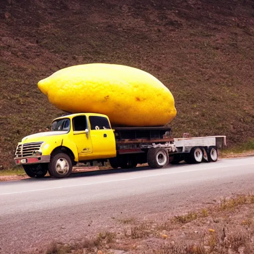 Prompt: a truck hauling a giant lemon