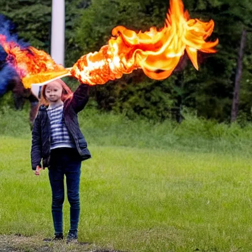 Prompt: Greta Thunberg having fun with a really large flamethrower