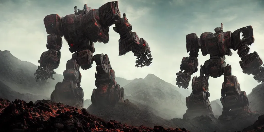 Image similar to amazing photo of a giant ancient robot of doom rising up out of a mountain sending rubble and rocks tumbling down it sides, clouds of dust and rock kick up into the air and spread across into the nearby city , epic scale , unimaginable power and wonder, awe, cinematic, high detail design robot ancient