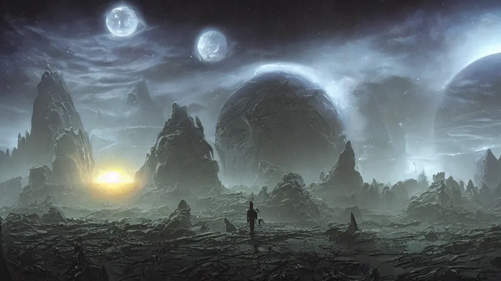 Image similar to eerie atmospheric alien worlds by michael whelan and stephan martiniere, epic cinematic matte painting