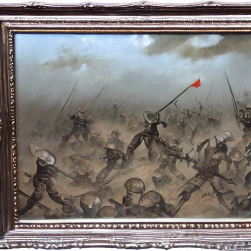 Image similar to oil painting of a ground covered in medieval silver soldier corpses, war, storm dawn, by Frank Frazetta, by Georgia O Keeffe