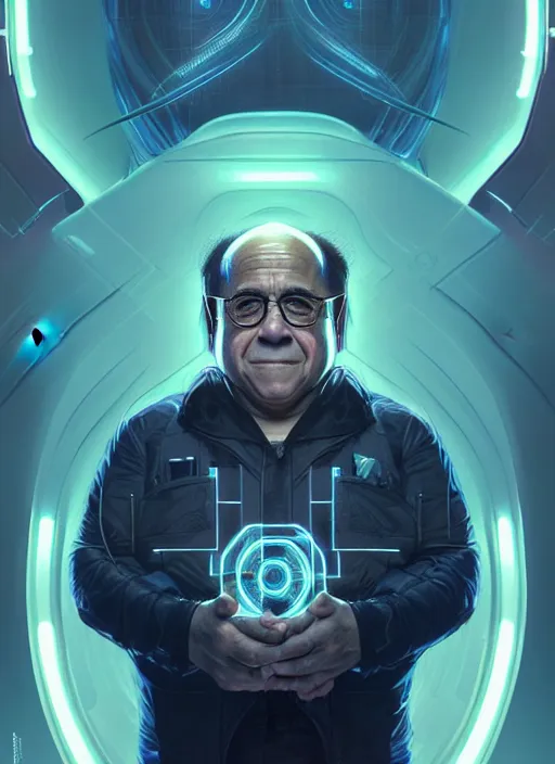 Image similar to symmetry!! portrait of danny devito, sci - fi, tech wear, glowing lights!! intricate, elegant, highly detailed, digital painting, artstation, concept art, smooth, sharp focus, illustration, art by artgerm and greg rutkowski and alphonse mucha