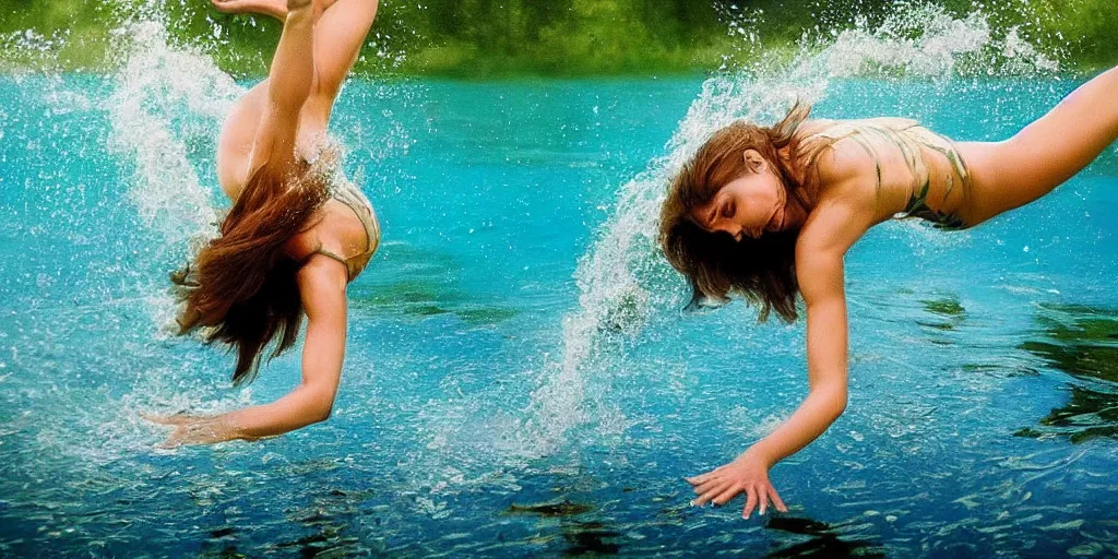 Image similar to a beautiful woman diving into a lagoon, detailed, photorealistic, dramatic