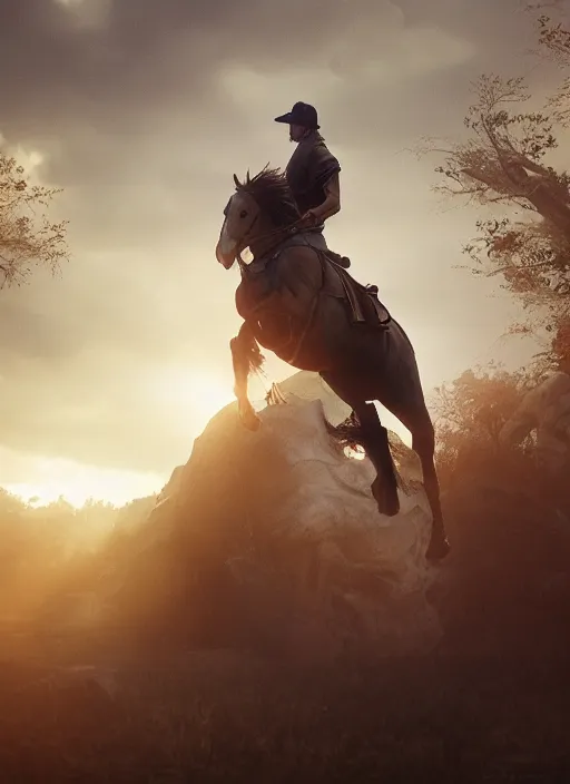 Prompt: the horse subdues the man while riding, volumetric lighting, beautiful, golden hour, sharp focus, ultra detailed, cgsociety by leesha hannigan, ross tran, thierry doizon, kai carpenter, ignacio fernandez rios, noir photorealism, film