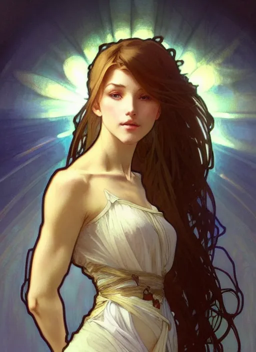 Prompt: digital character concept art by artgerm and greg rutkowski and alphonse mucha. clear portrait of a modern young wife blessed by god to uncontrollably become overwhelmingly perfect!! blonde, full - figure in clothes, obviously feminine holy body!! light effect. hyper detailed, glowing lights!! intricate, elegant, digital painting, artstation, smooth, sharp focus