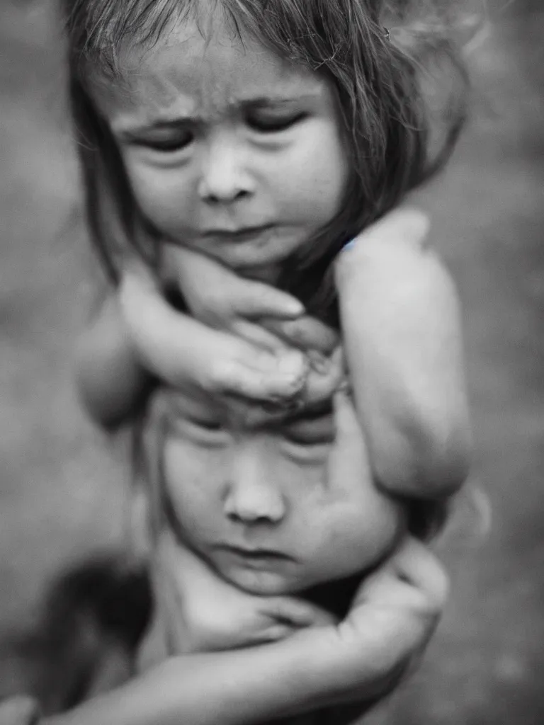 Image similar to High resolution black and white portrait with a 35 mm F/5.0 lens of a child in Soviet Russia with closed eyes and a sad face about to cry.