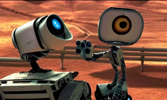 Image similar to full - color cinematic movie still from the 2 0 0 8 pixar animated film wall - e starring johnny 5 the robot from short circuit. high - definition 3 d - rendered animation.