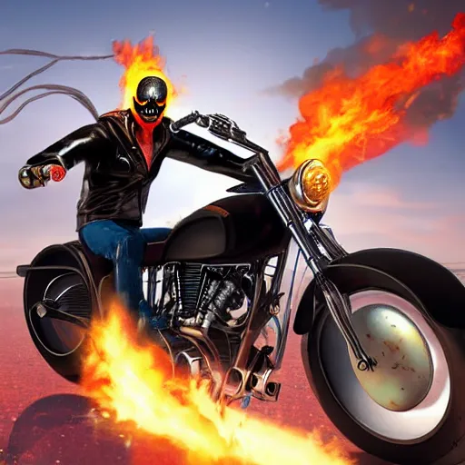 Image similar to ghost rider aiming with shotgun on motocycle, high detail, gorgeous view