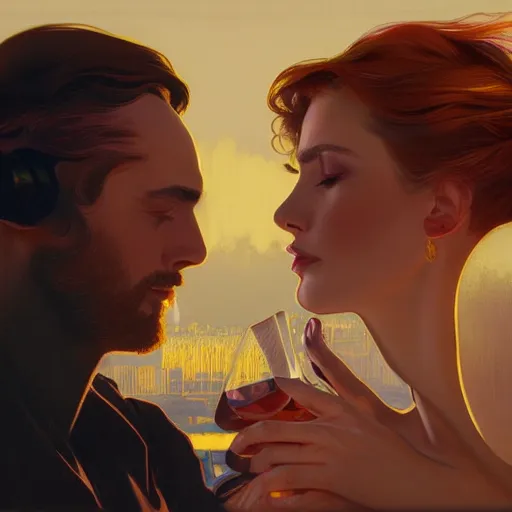 Image similar to Close-up portrait of A beautiful female wine enthusiast with her boyfriend, Joshua Middleton artwork, dramatic backlighting, golden hour, autochrome, high contrast, highly detailed, sharp focus, digital painting, concept art, illustration, cyberpunk, solarpunk, trending on artstation, art by Phil Noto and Alex Toth, composition by alphonse mucha