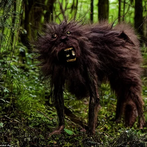 Prompt: horror, photography, humanoid mutant, matted fur, grinning, sprinting through undergrowth in a dense forest in daytime, wide eyes