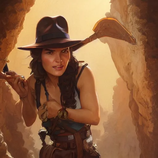 Image similar to female indiana jones, highly detailed, digital painting, artstation, concept art, sharp focus, illustration, art by artgerm and greg rutkowski and alphonse mucha