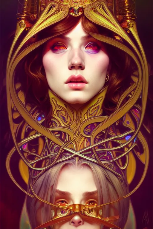 Image similar to overlord, psychedelic, portrait, highly detailed, deep focus, elegant, digital painting, smooth, sharp focus, illustration, ultra realistic, 8 k, art by artgerm and alphonse mucha