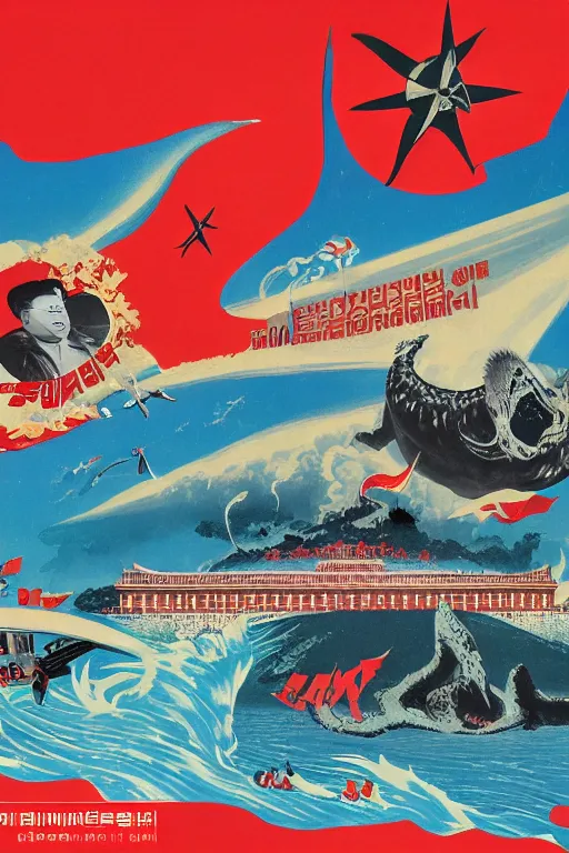 Prompt: a communist propaganda poster of Kim Jong-il and a giant starfish Kaiju monster destroying Pyongyang, traditional Korean city, palace, epic ultrawide shot, cinémascope