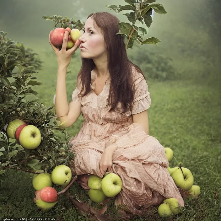 Image similar to a closeup portrait of a woman wearing an inflatable dress, picking apples from a tree, foggy, moody, photograph, by vincent desiderio, canon eos c 3 0 0, ƒ 1. 8, 3 5 mm, 8 k, medium - format print