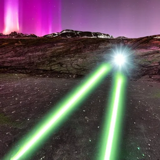 Image similar to a light saber with the northern lights inside of it, uncropped, photography