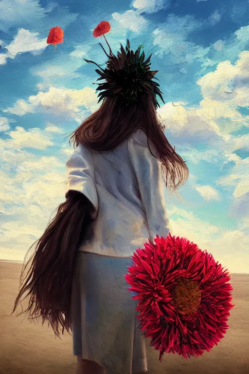 Prompt: portrait, giant flower head, a girl on beach, surreal photography, wind and cold, dramatic sky, impressionist painting, digital painting, artstation, simon stalenhag