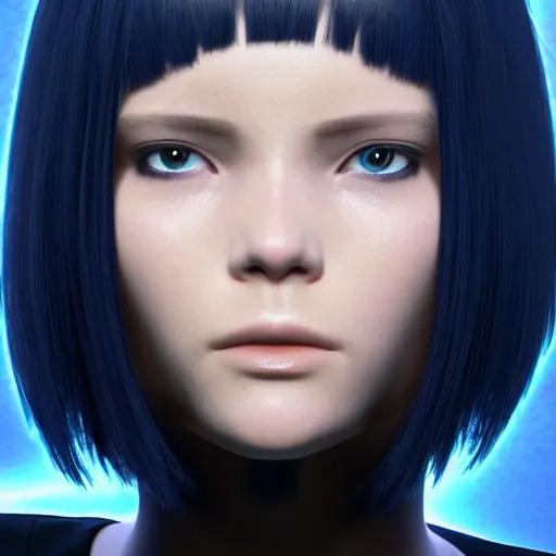 Image similar to « portrait, attractive, blue eyes, black hair, middle length hair, ghost in the shell, front view, unreal engine 5 »