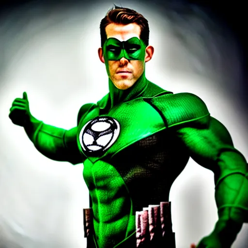 Prompt: Ryan Reynolds full shot modeling as Green Lantern, (EOS 5DS R, ISO100, f/8, 1/125, 84mm, postprocessed, crisp face, facial features)