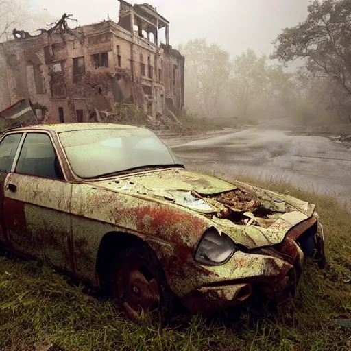 Image similar to apocalyptic, ruined town, abandoned streets, littered, decrepit homes and sheds on the side of the road, slowly being reclaimed by nature. rusted tesla car. fog, dew, rain, volumetric lighting, beautiful, summer morning dew, sharp focus, ultra detailed, cgsociety - w 1 0 2 4 - n 8 - i