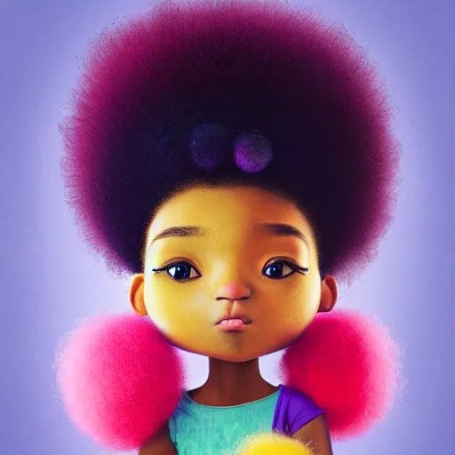 Image similar to a black princess girl with a colorful afro and big beautiful eyes playing with her furry pet, bright colours, watercolor, volumetric wool felting, macro photography, children illustration, by goro fujita