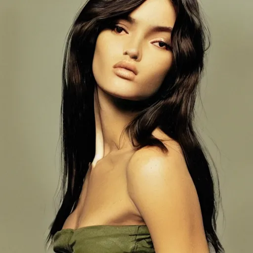 Prompt: Portrait photo of a Brazilian Supermodel, long dark hair, olive skin, she has beautiful bone structure, posed in profile, studio lighting, highly detailed, art by artgerm, cinestill 800t