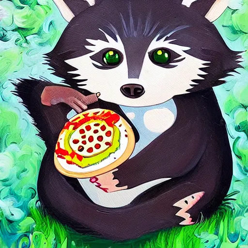 Image similar to a jeremiah ketner and studio ghibli acrylic impasto! painting! of a sad and teary and adorable and cute raccoon eating pizza