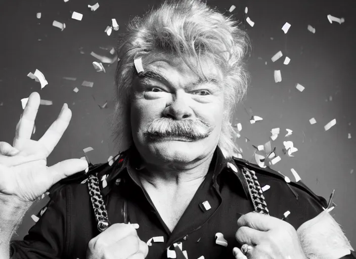 Image similar to photo still of rip taylor at a drug bust!!!!!!!! at age 5 4 years old 5 4 years of age!!!!!!! throwing confetti from a bucket, 8 k, 8 5 mm f 1. 8, studio lighting, rim light, right side key light