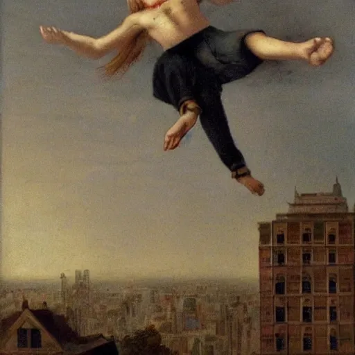 Prompt: falling from a building. guy. artwork. romanticism era.