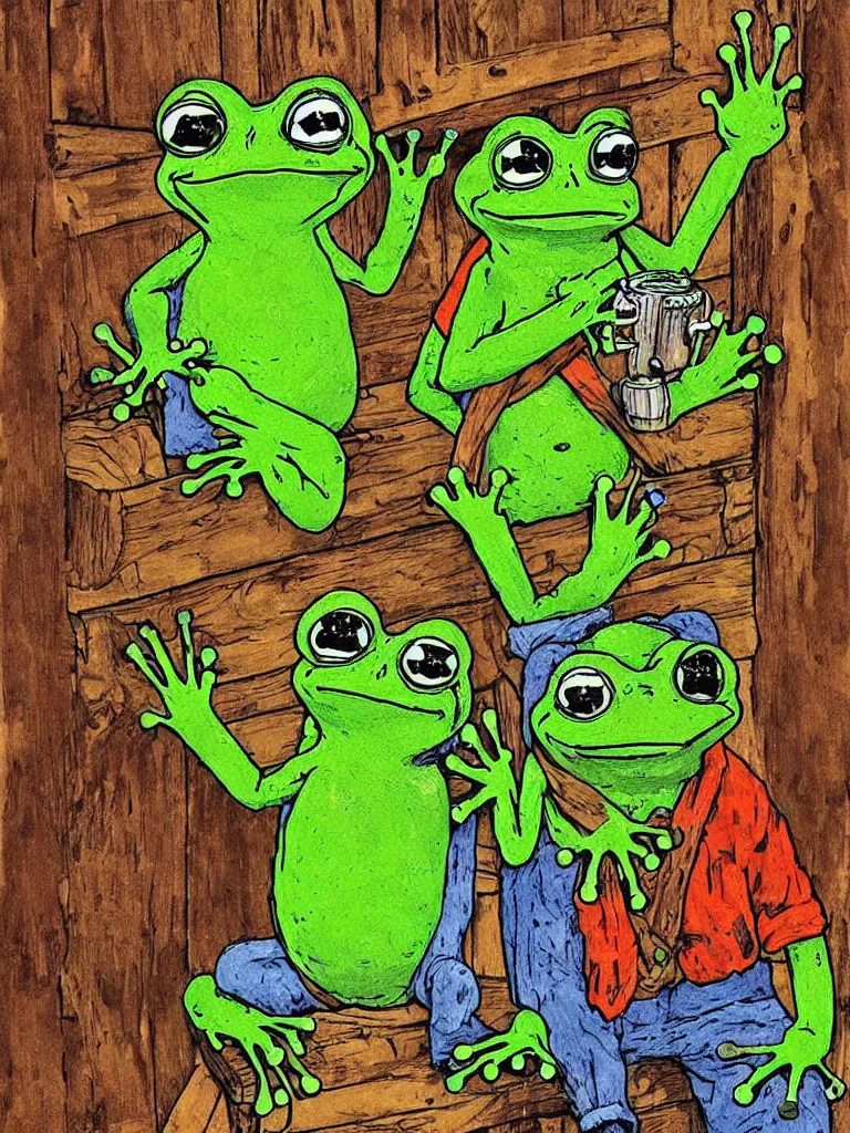 Prompt: resolution hyper realistic weathered background happiness of pepe love and life read dead redemption 2 pepe the frog and sitting out side their rustic Tavern multi colored frogs by tiny pepe adventurers the value of love a clear prismatic of love, warm ,pepe the frog , art in the style of Akihito Tsukushi and James Whistler and Victor Nizovtsev realism