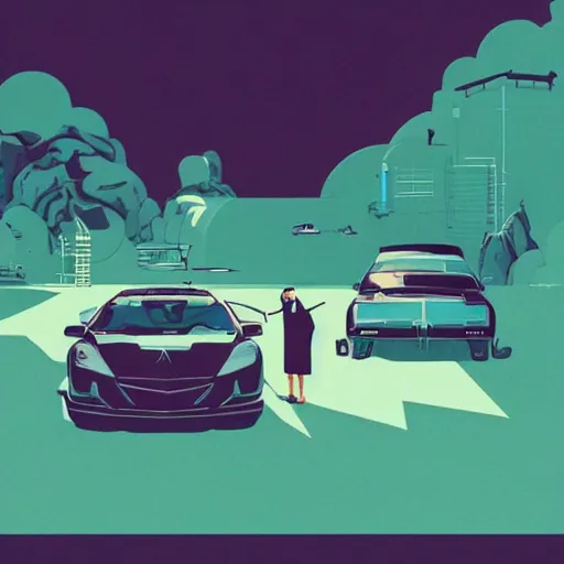 Prompt: people looking at a car, intricate, elegant, highly detailed, vector illustration, artstation, concept art, smooth, sharp focus, illustration, art by wlop, tom whalen, sea green color theme