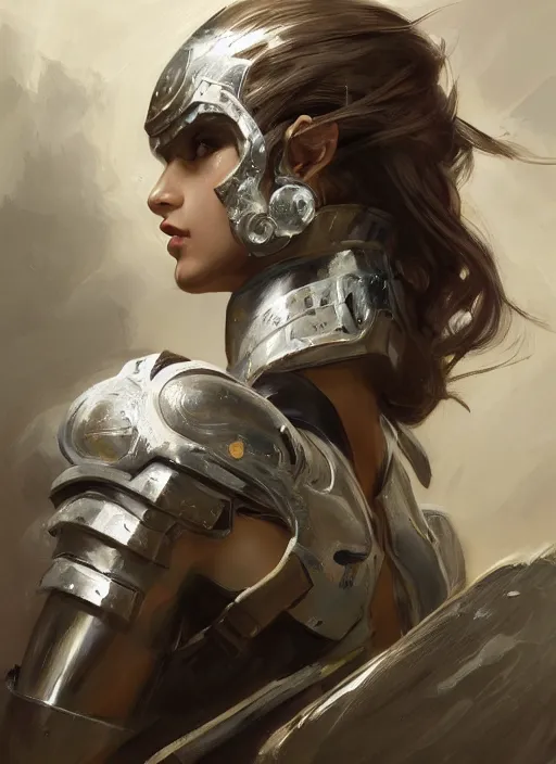 Image similar to a professional painting of a beautiful young female, clothed in military armor, olive skin, long dark hair, beautiful bone structure, symmetrical facial features, intricate, elegant, digital painting, concept art, smooth, sharp focus, illustration, from Metal Gear, by Ruan Jia and Mandy Jurgens and Artgerm and William-Adolphe Bouguerea