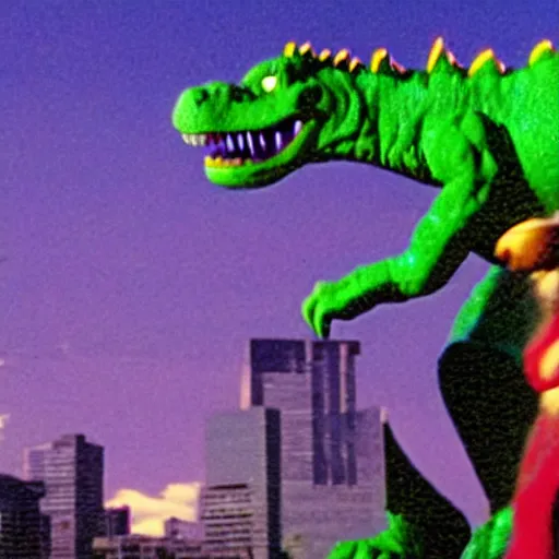 Prompt: barney the purple dinosaur fights godzilla for control of tokyo, file footage