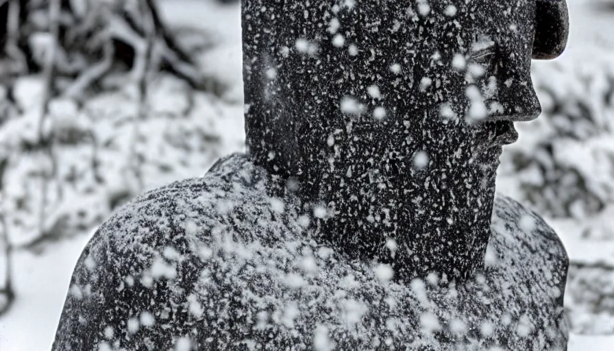 Prompt: 1 9 6 0 s movie still close up of marcus aurelius breast - plate dark cape frozen lay on the snow by the side of a river with gravel, pine forests, cinestill 8 0 0 t 3 5 mm b & w, high quality, heavy grain, high detail, texture, dramatic light, anamorphic, hyperrealistic, detailed hair, foggy