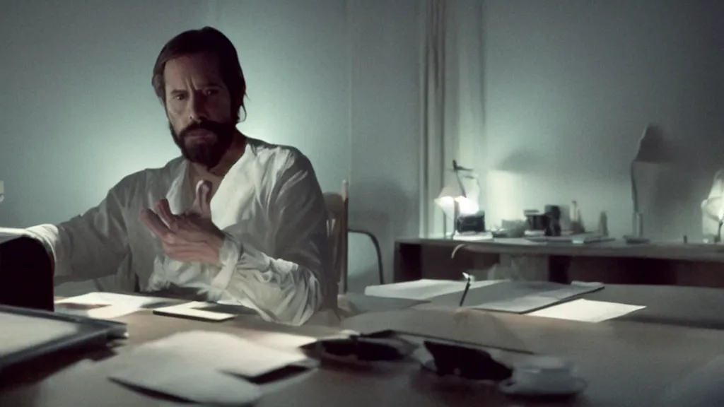 Image similar to Using Stable Diffusion for the first time and staying up way past your bedtime, man bleary eyed at a computer, film still from the movie directed by Denis Villeneuve with art direction by Salvador Dalí, wide lens