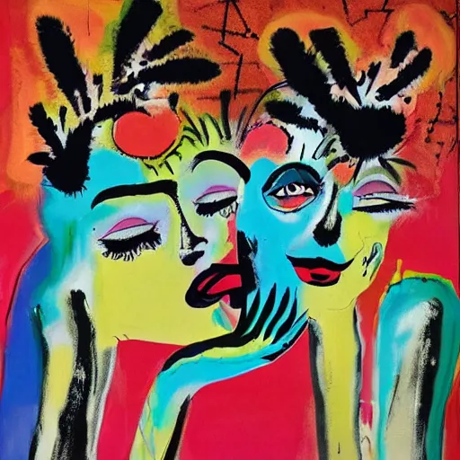 Image similar to acrylic painting of two bizarre psychedelic goth women kissing in china in summertime, speculative evolution, mixed media collage by basquiat and jackson pollock, maximalist magazine collage art, sapphic art, psychedelic illustration