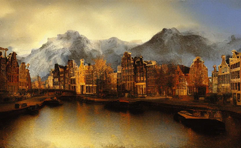 Prompt: Amsterdam in the Alps, oil painting by Rembrandt, highly detailed, textured brushstrokes