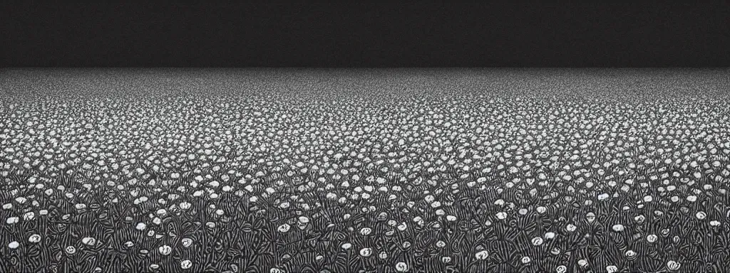 Image similar to A serene flower field at night by Kentaro Miura, highly detailed, black and white