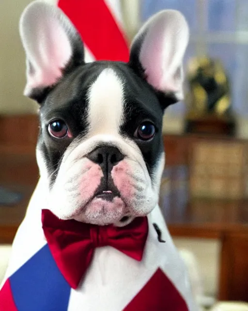 Image similar to White French Bulldog wearing a suit in the Oval Office with a flag in the background, detailed and intricate