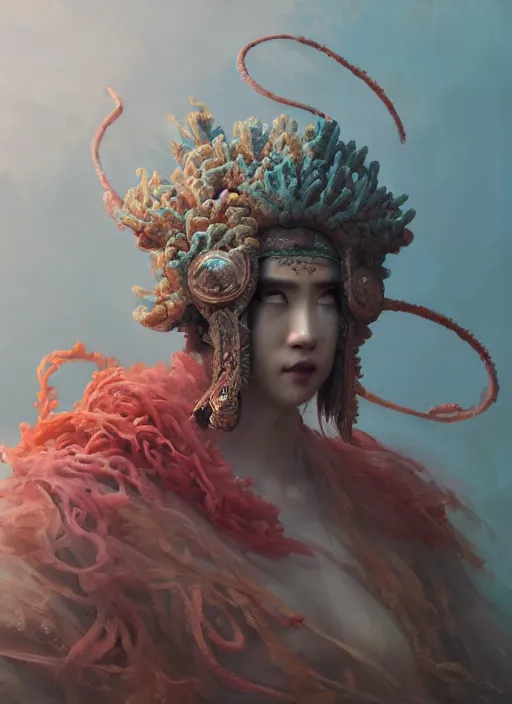 Image similar to Helmet of a forgotten Deity, corals, ribbons made of seaweed, extremly detailed digital painting, in the style of Fenghua Zhong and Ruan Jia and jeremy lipking and Peter Mohrbacher, mystical colors, rim light, beautiful lighting, 8k, stunning scene, raytracing, octane, trending on artstation