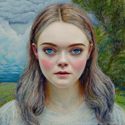 Image similar to professional painting of Elle Fanning in the style of Myles Birket Foster, head and shoulders portrait, symmetrical facial features, smooth, sharp focus, illustration, intricate, stormy weather, extremely detailed masterpiece,