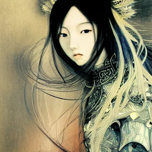 Image similar to yoshitaka amano blurred and dreamy realistic illustration of a young japanese woman with black eyes, wavy white hair fluttering in the wind wearing elden ring armor with engraving, abstract patterns in the background, satoshi kon anime, noisy film grain effect, highly detailed, renaissance oil painting, weird portrait angle, blurred lost edges, three quarter view