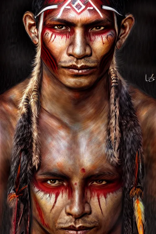 Image similar to head and shoulders portrait of a tupi guarani warrior, male, blood, indigenous war face painting, high fantasy, dnd, by wlop, luis royo, artgerm