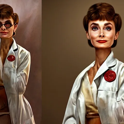 Image similar to a highly detailed epic cinematic concept art CG render digital painting artwork costume design: Audrey Hepburn as a 1950s crazy mad scientist lunatic in a lab coat, with wild unkempt hair. By Mandy Jurgens, Simon Cowell, Barret Frymire, Dan Volbert, David Villegas, Irina French, Heraldo Ortega, Rachel Walpole, Jeszika Le Vye, trending on ArtStation, excellent composition, cinematic atmosphere, dynamic dramatic cinematic lighting, aesthetic, very inspirational, arthouse