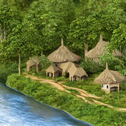 Prompt: elfish architecture, village, by the river, smooth, lots of vegetation and trees, very high detail, intrinsic, soft lighting