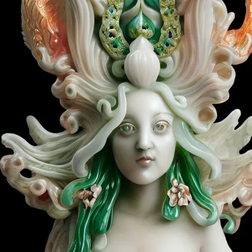 Image similar to a closeup photo, rococo alabaster and jade real delicate ceramic porcelain sculpture of an ornate detailed phoenix goddess in front of an intricate background by rafael, micro detail, backlit lighting, subsurface scattering, translucent, thin porcelain, emerald, jade, octane renderer, colorful, physically based rendering, trending on cgsociety